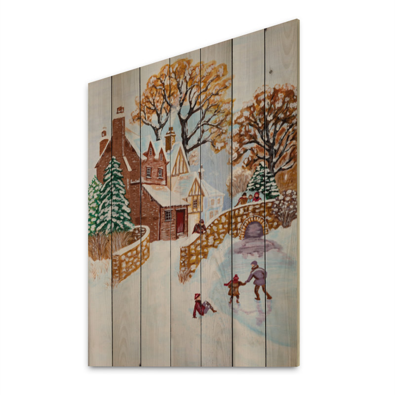 Enfants jouant pendant l'hiver de Noël - peinture sur bois sans cadre, H 32 po x l 16 po x P 1 po