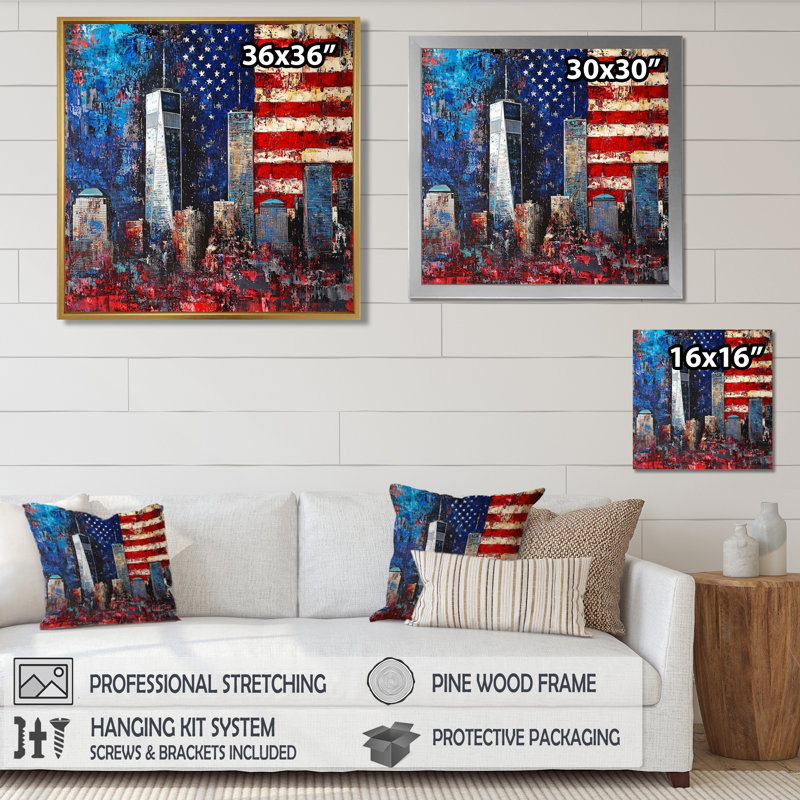 «Abstract 911 Towers Memories» - art mural patriotiste américain, Impression encadrée flottante, H 30 po x l 30 po, Doré