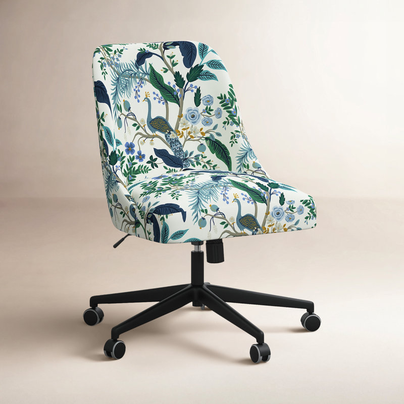 Chaise de bureau Brynn, Bleu paon et lin blanc RPC, Noir