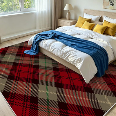 Tapis d'intérieur vert lavable à la machine, à carreaux tartan noirs, rouges et beiges