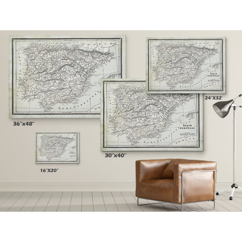 Espagne, croquis de carte II, impression sur toile, H 24 po x l 32 po x P 1,5 po, Noir / blanc