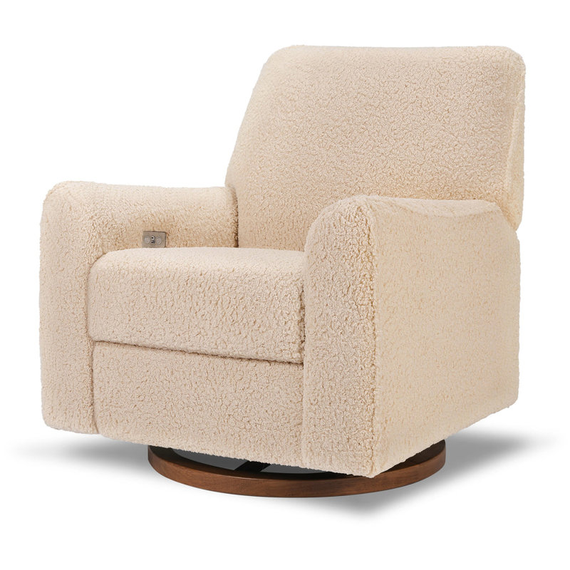 Sunday Power Recliner and Swivel Glider, Beige Sherpa, Dark Wood