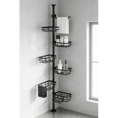 Organisateur de chariot de douche à angle réglable avec 6 tablettes, support de douche résistant à la rouille pour salle de bain, installation sans outil, barre à serviettes supplémentaire et porte-savon inclus