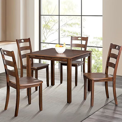 Table carrée de salle à manger 5 pièces avec 4 chaises à dossier à lattes de style transitionnel, couleur noyer, bois d'hévéa massif pour l'espace et la finition, espace de vie en caoutchouc