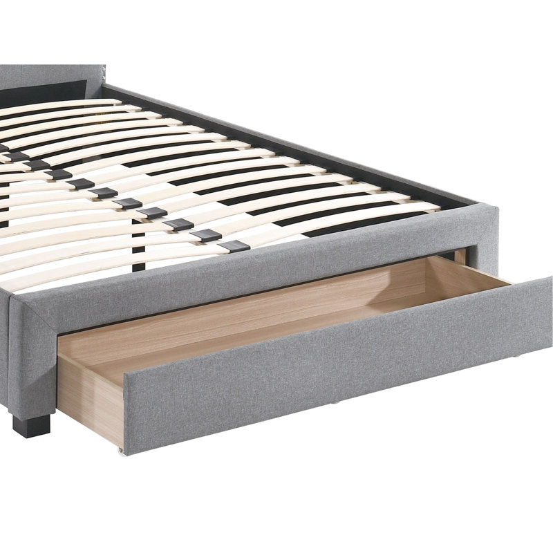 Lit simple contemporain avec rangement et tête de lit en toile de jute grise - bouton de taille intérieure dans le tiroir