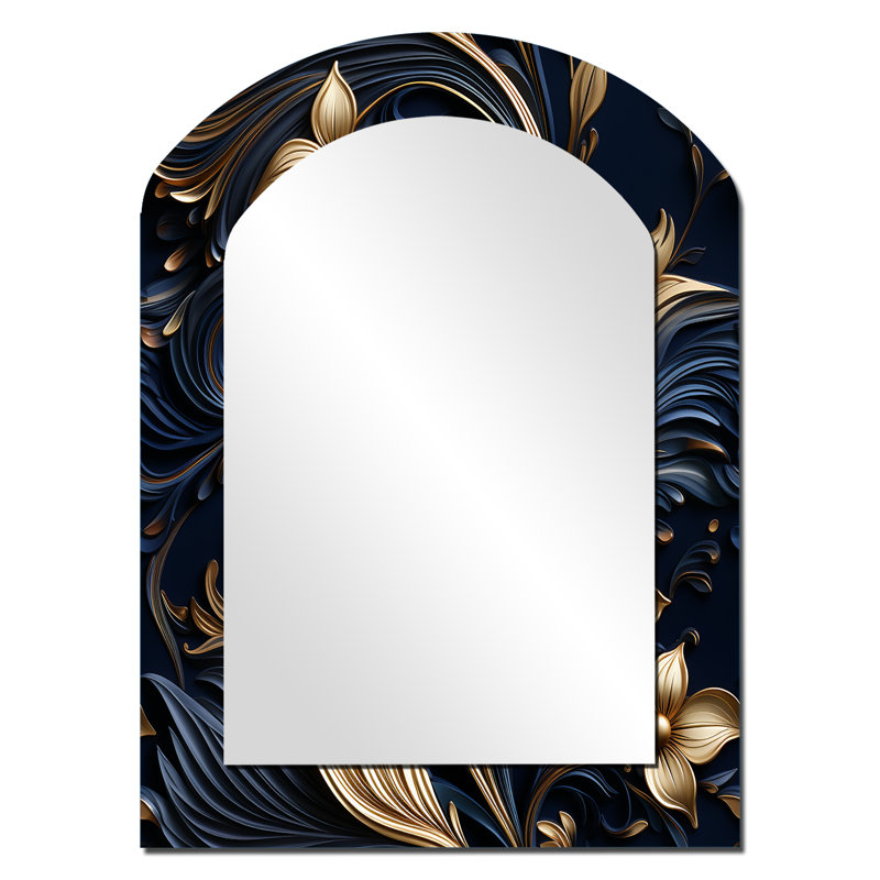 Opulent Allure Deep Navy - miroir mural unique en forme d'arche damassé, miroir asymétrique bohème, impression d'art en métal