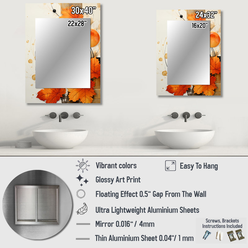 Orange et blanc Floral Radiance I - miroir mural abstrait, miroir décoratif moderne, impression d'art en métal, 32 po x 24 po