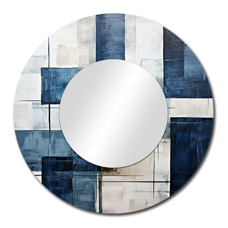 «Sabeeha Indigo Illusion Abstract Shapes V», miroir mural décoratif de formes abstraites, miroir rond noir, impression d'art en métal