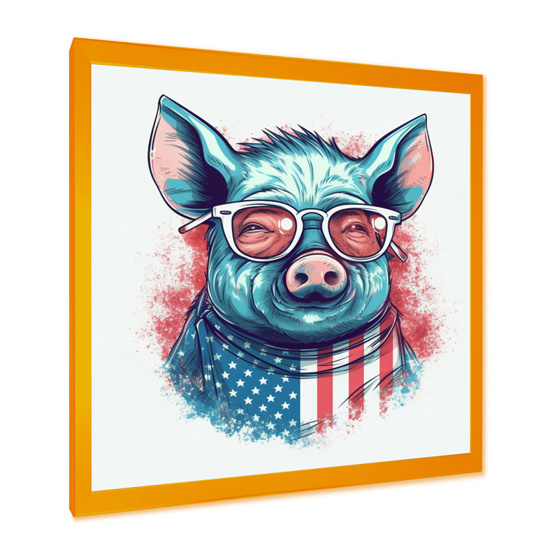 Cochon bleu rouge avec lunettes de soleil sur toile, Encadrement doré, H 16 po x l 16 po x P 1 po