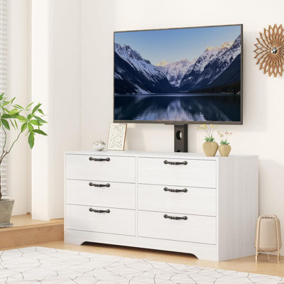 Meuble télé 63 po pour téléviseur de 75 po ou moins - console multimédia à hauteur réglable avec 6 tiroirs, centre de divertissement robuste en bois aggloméré pour le salon et la chambre à coucher