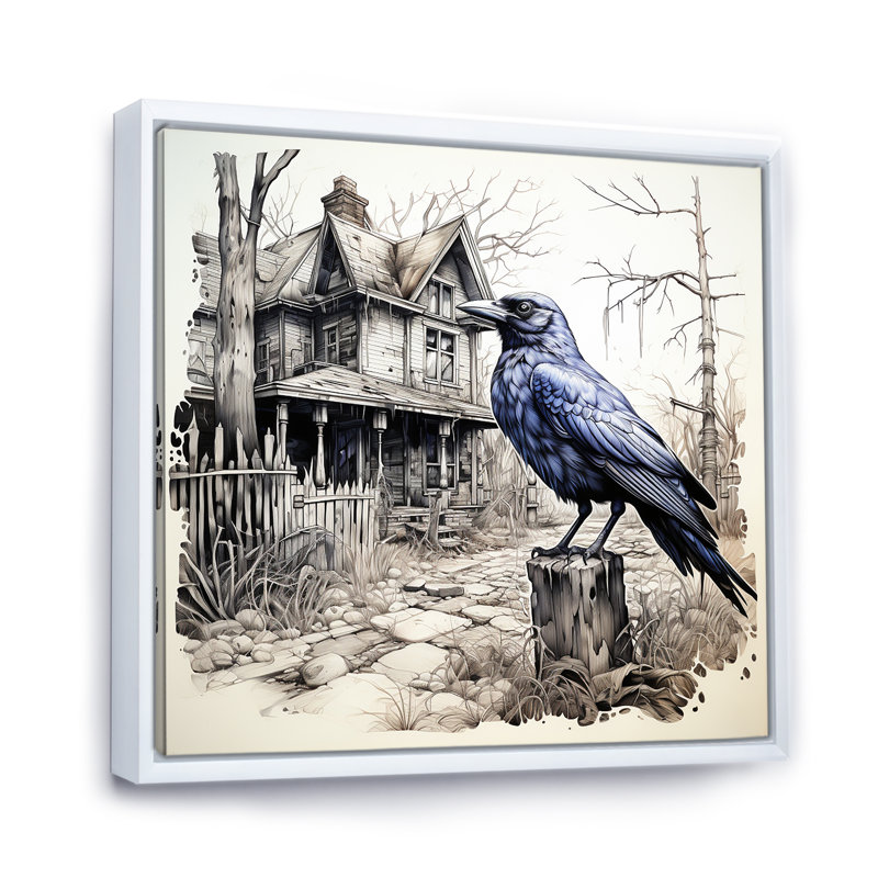 Victorian Haunted Raven Courtyard II - art mural animal corbeau, Cadre flottant blanc, H 16 po x l 16 po x P 1 po