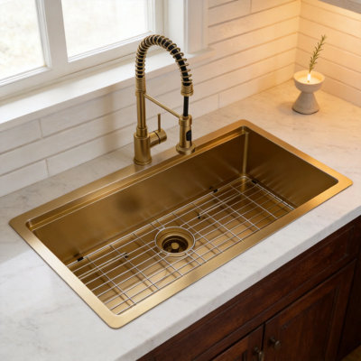 36 Inch Gold Undermount Workstation Kitchen Sink, 16 Gauge 304 Stainless Steel Single Bowl with Nano Coating, Mixing Bowl, Pasta Strainer, Cutting Board & Roll-Up Rack, 9" Deep, R10 Corners
