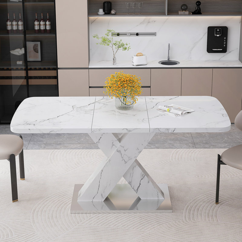 Table de salle à manger moderne, extensible, avec plateau de table en marbre blanc imprimé et panneau de fibres à densité moyenne