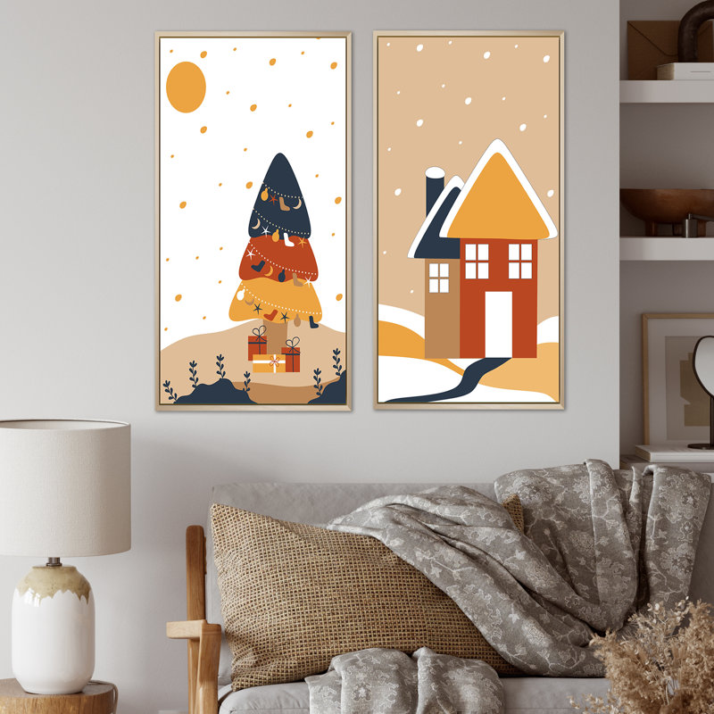 «Christimas Scene in Retro Colors I», ensemble de 2 impressions, H 40 po x l 40 po x P 1,5 po, Cadre brun