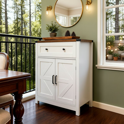 Armoire de rangement à porte de grange blanche à grain de bois, de style campagnard simple, avec tiroir pour un rangement soigné, pouvant également servir de bar à café, convenant à la cuisine et au salon.