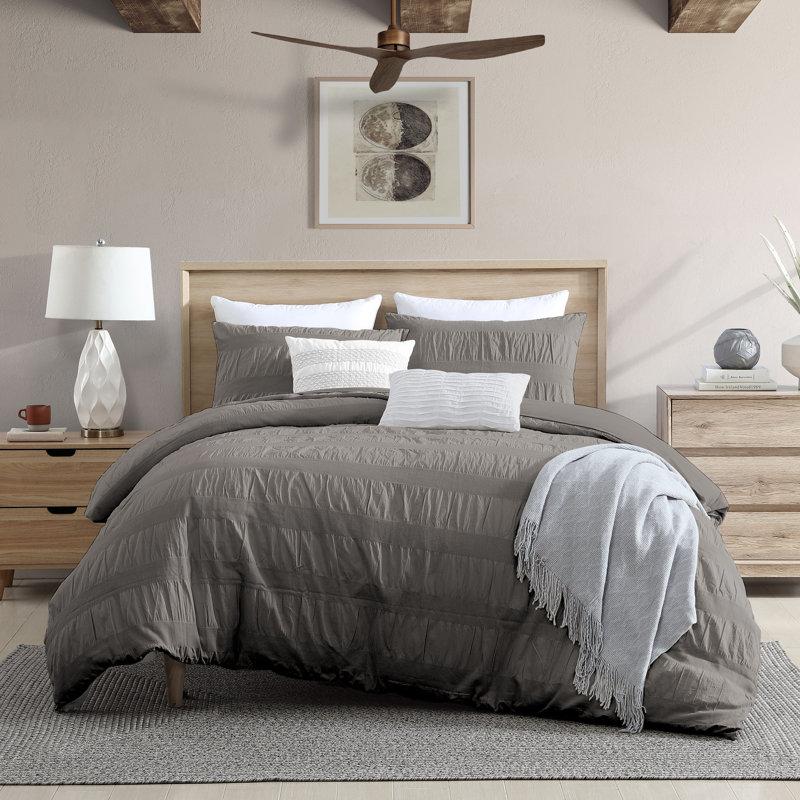 Ensemble de housse de couette 100% coton Moselle Moselle, Housse de couette double / grand et 2 taies décor, Gris foncé