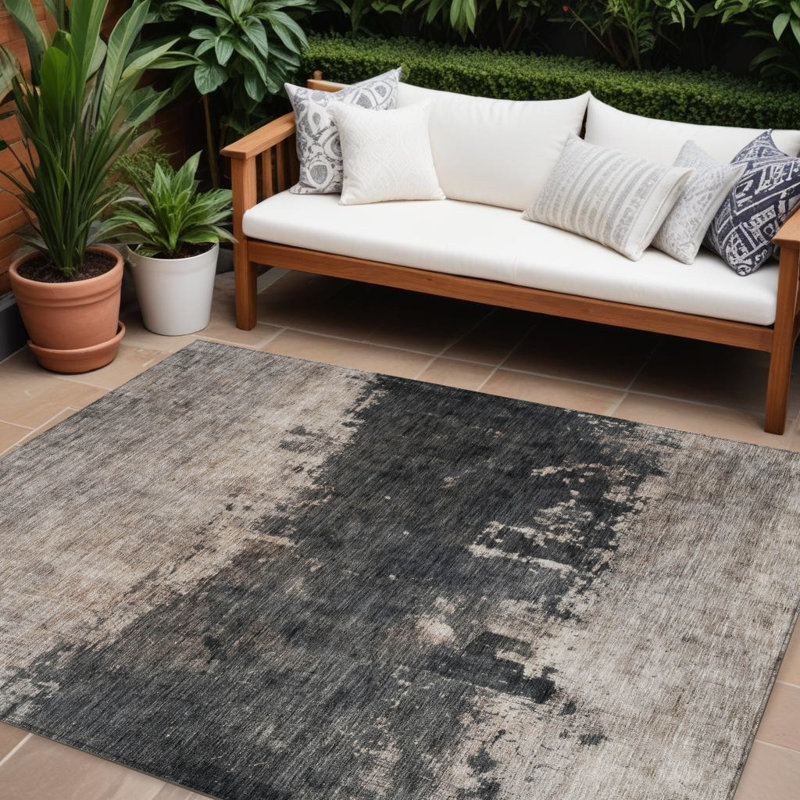Tapis extérieur lavable abstrait taupe et gris anthracite 10 pi x 14 pi