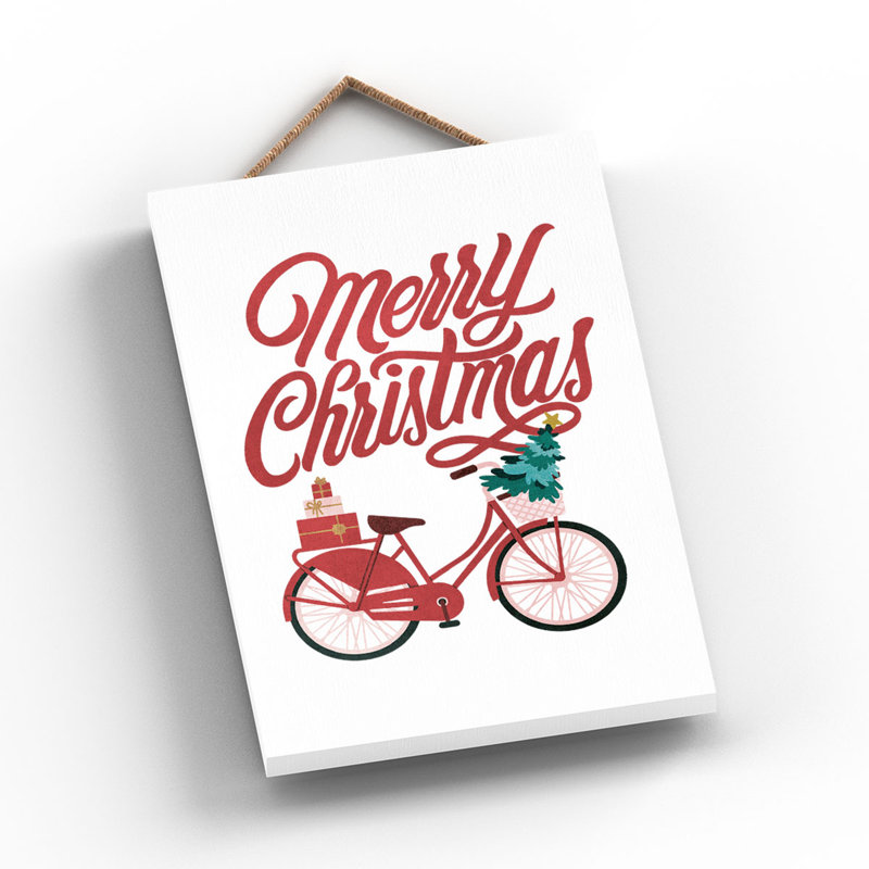 Xmas Merry Christmas Bicycle Wooden Plaque, 18.5cm H x 12cm W x 0.9cm D