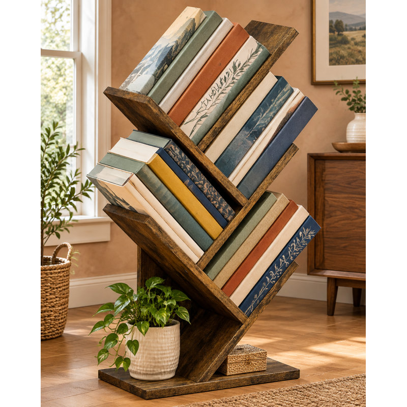 Bibliothèque rustique marron à 4 niveaux en forme d'arbre avec 4 étagères, meuble de rangement moderne et autoportant pour livres et accessoires, idéal pour le bureau, le salon ou la chambre à coucher.