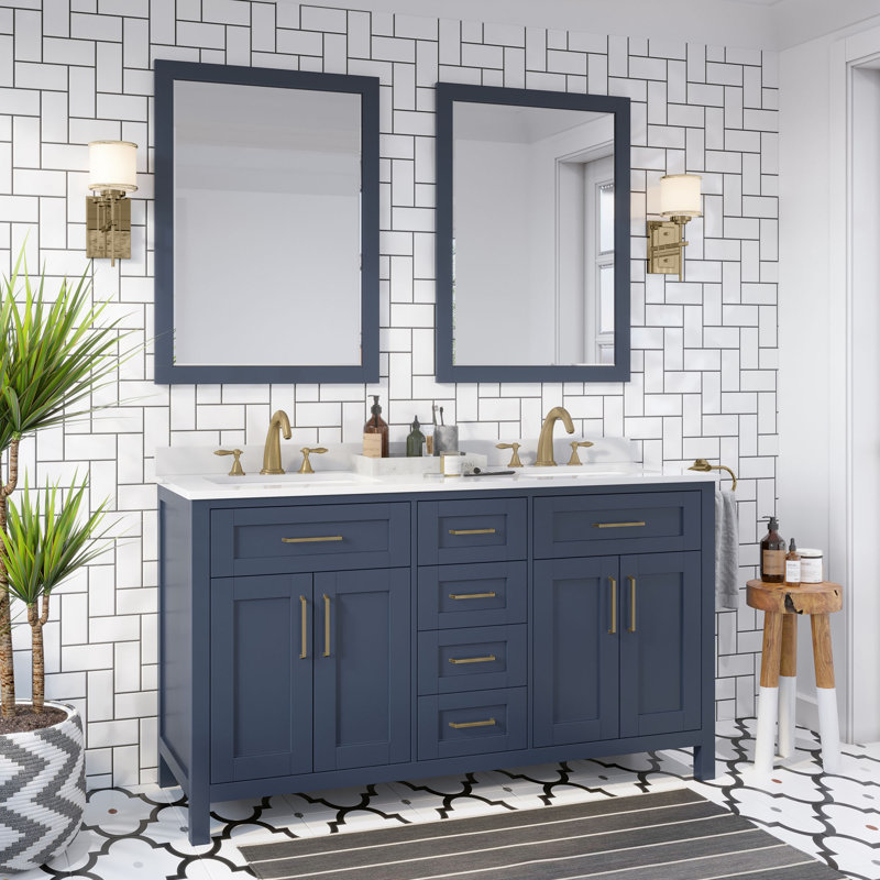 Ensemble de meuble-lavabo double 60 po avec miroir OVE Decors Tahoe, Blanc Bombey, Bleu minuit