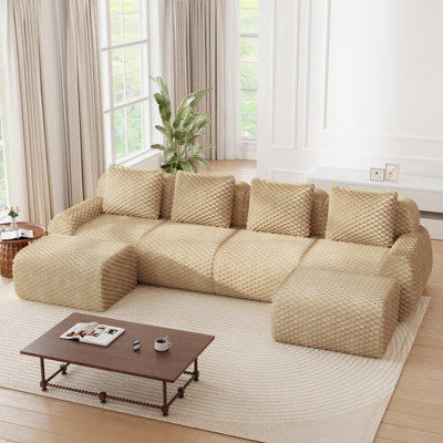 6 Piece U Shaped Frameless Modular Sectional Sofa with 2 Ottomans in 3D Textured Plush