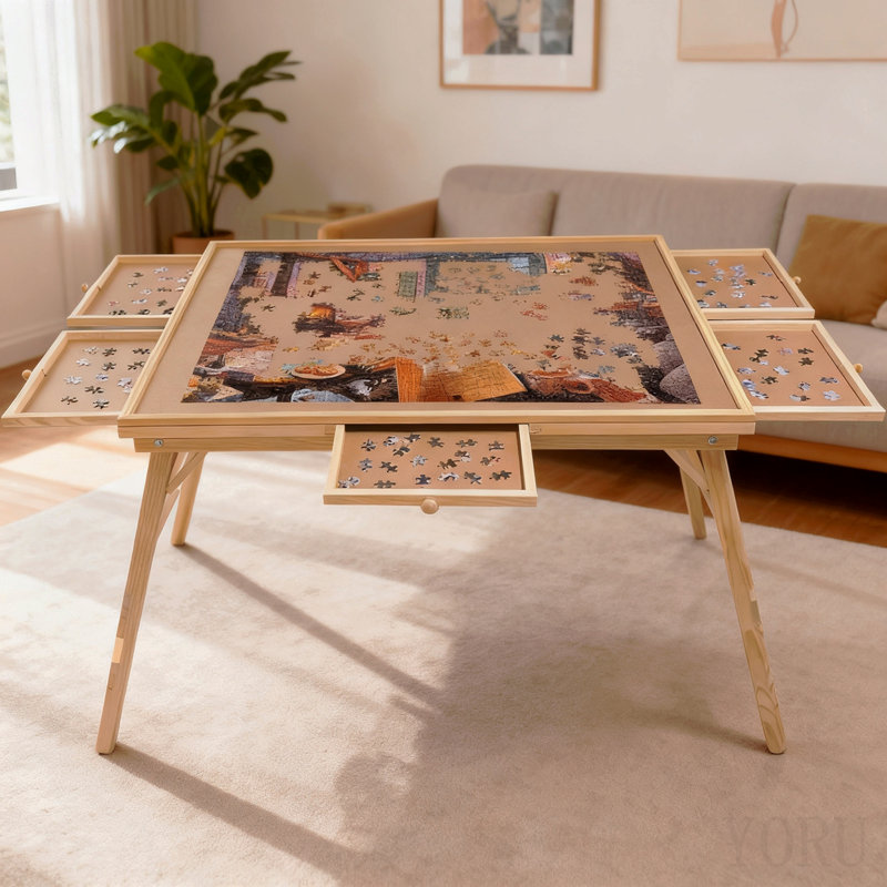 Grande table de casse-tête de 27 pièces avec pieds et 5 tiroirs, H 27 po x l 34 po x P 26 po, planche de puzzle pliante en bois pour adultes, nature