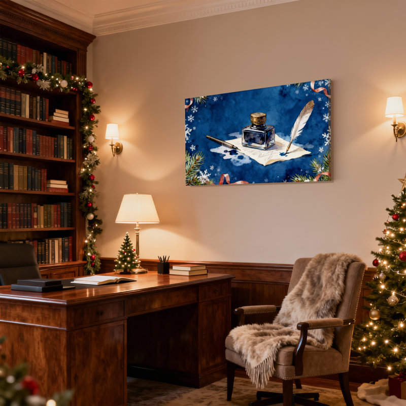 Ensemble de 3 impressions sur toile de Noël enneigées à la plume et à l'encre, H 20 po x l 30 po