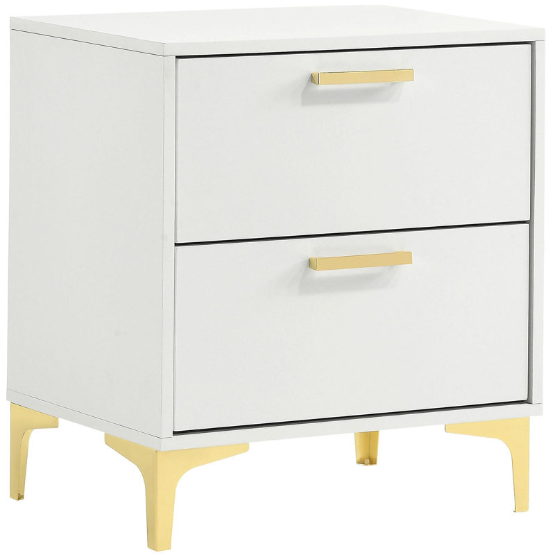 White and Gold 2-Drawer Rectangular Nightstand, White