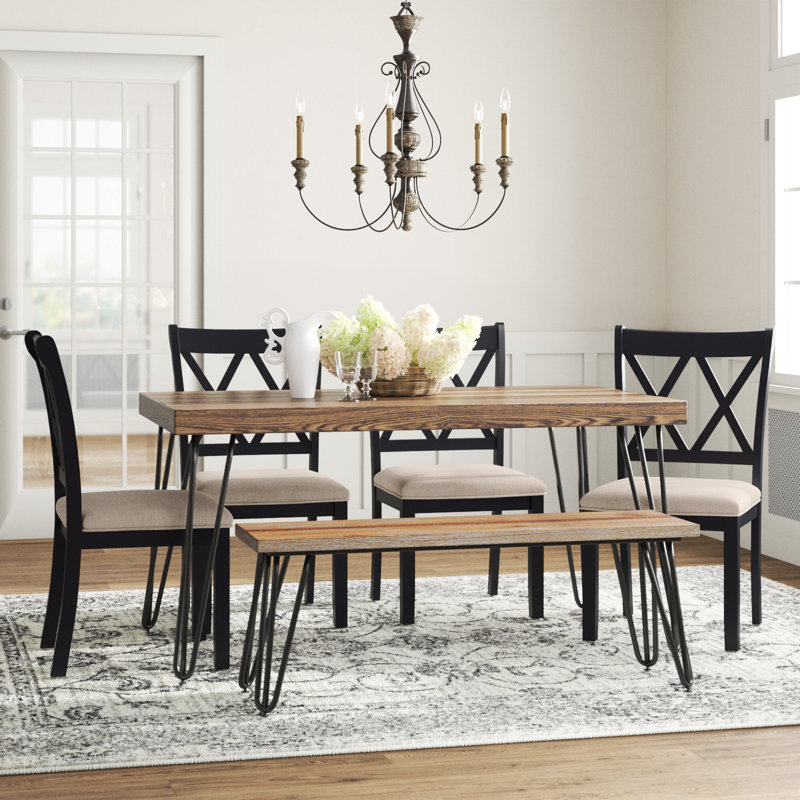 Dashuan Dining Set, Hairpin Dining Table With 4 Cross-Back Chairs And Bench, 6 Pieces (1 Table, 1 Bench, 4 Chairs), Beige