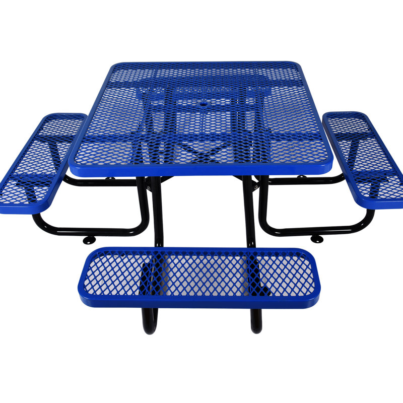 46" Square Blue Steel Outdoor Picnic Table - With Umbrella Pole, Ideal For Rejuvenating And Picnics Pole Equipped Unwinding