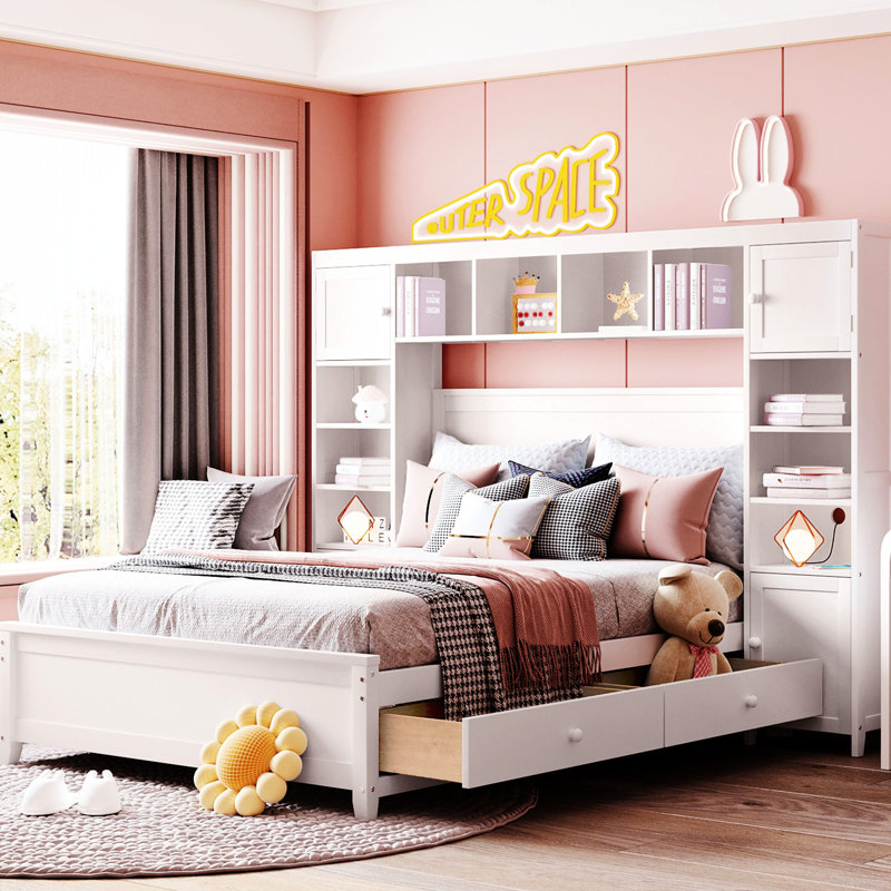 Lit double en bois blanc avec une armoire, une tablette et un rangement - Conception élégante, polyvalente et intégrée, Blanc
