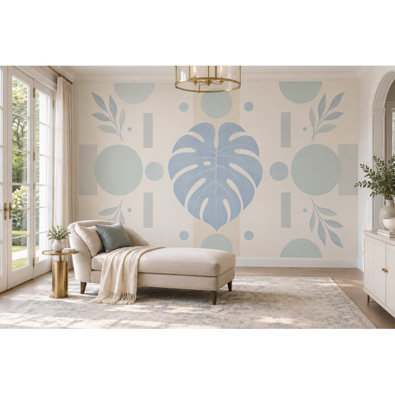 Fresque murale Monstera bleu clair sauge géométrique botanique moderne et minimaliste, 140 po x 108 po, Peler et coller