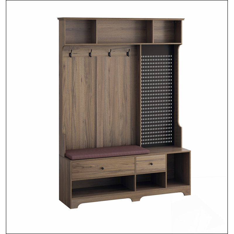 Arbre d'entrée polyvalent avec banc d'entrée en lin amovible, portemanteau, tablettes de rangement et panneau perforé pour le couloir et le salon