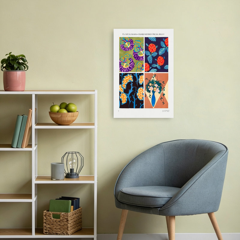 Motifs 7 Abstraits Rétro Vintage Fleurs Affiche Murale, 24" H x 16" W