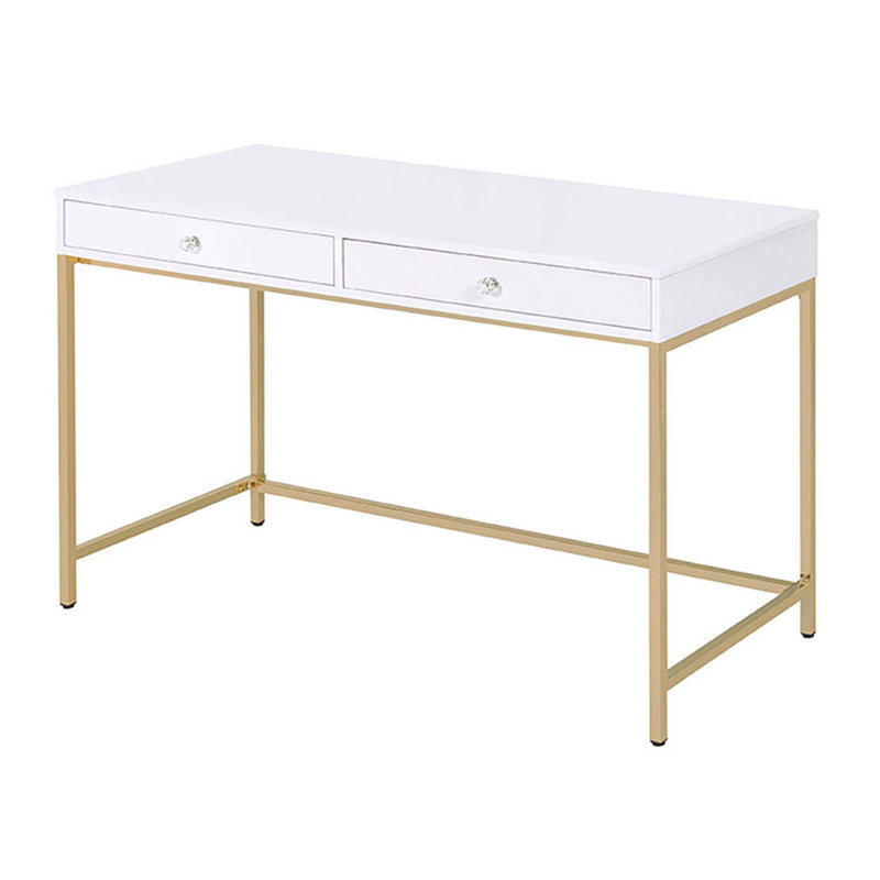 Bureau d'écriture 2 tiroirs blanc ultrabrillant et doré, Blanc / Doré