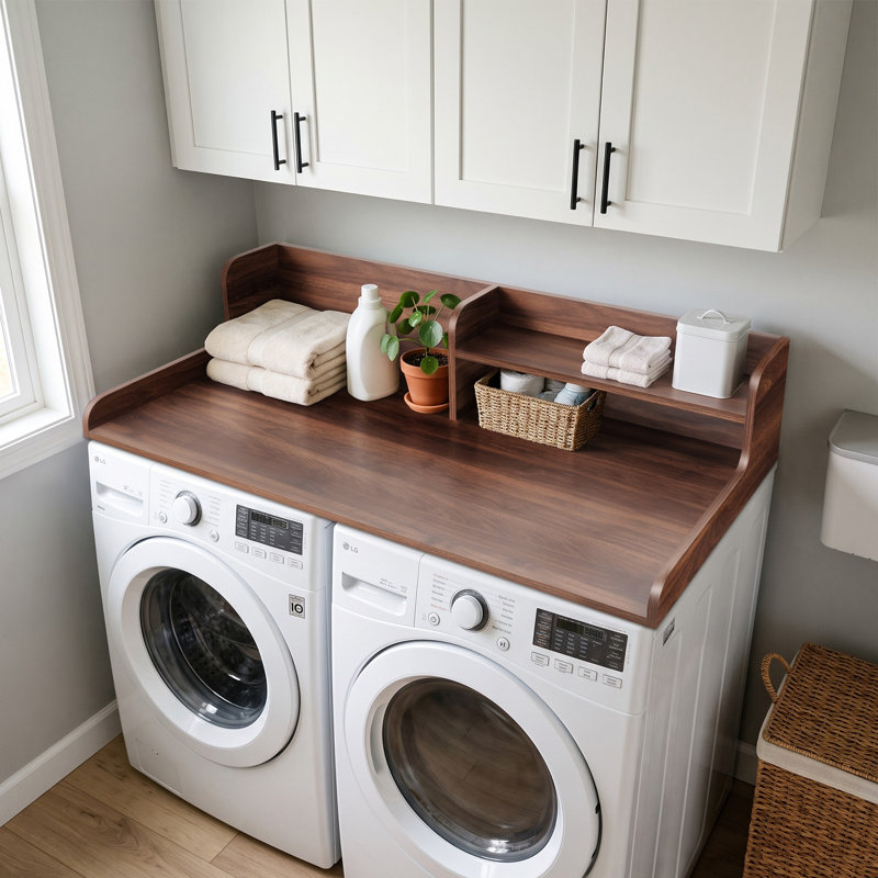 Étagère à lessive à 2 niveaux pour comptoir à linge à deux niveaux Kaboon l 58 po x P 28 po x H 12 po, Noyer foncé