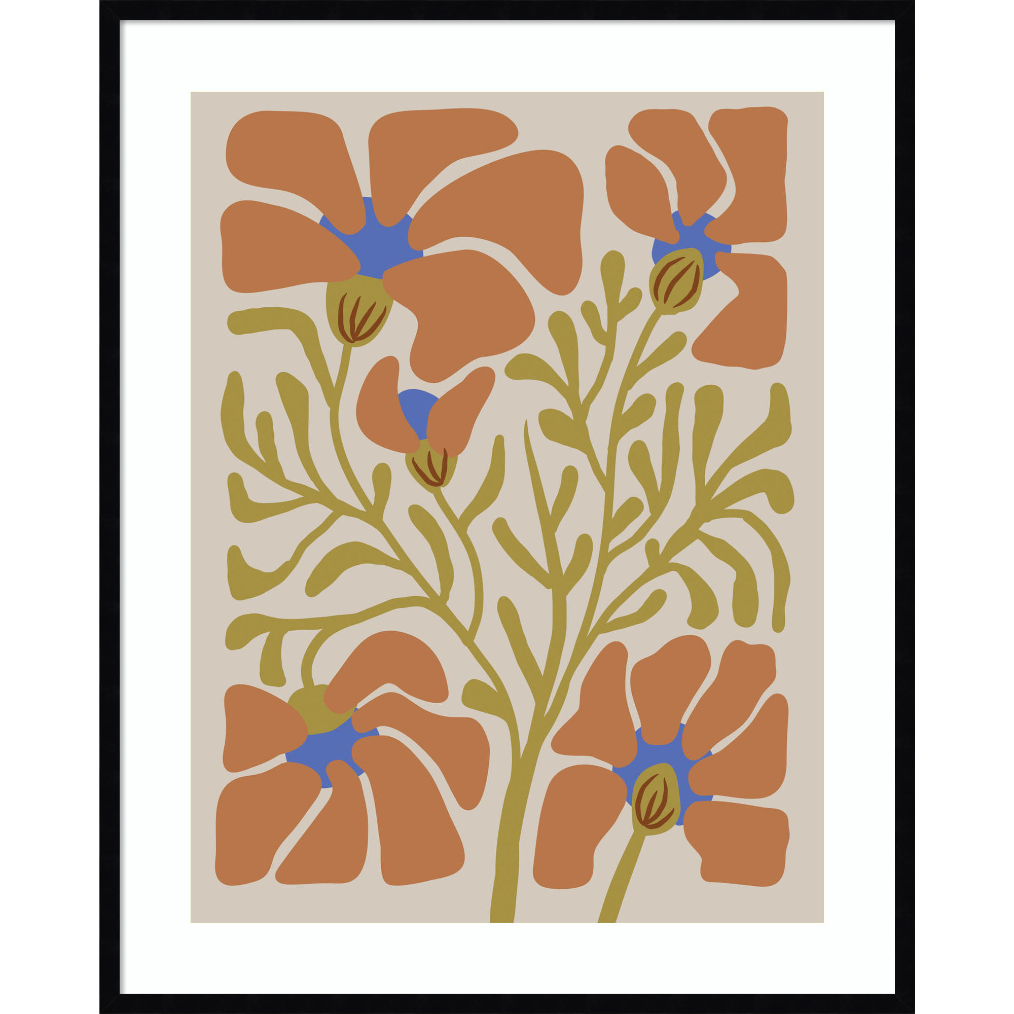 Expressive Abstract House Plant Orange On Tan Framed On Paper by The Creative Bunch Studio Print, 41" H x 33" W x 1" D, Black