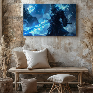 Canvas Ice Warrior With Glowing Sword Canvaspowerful Snowstorm Battle Art Wall Art