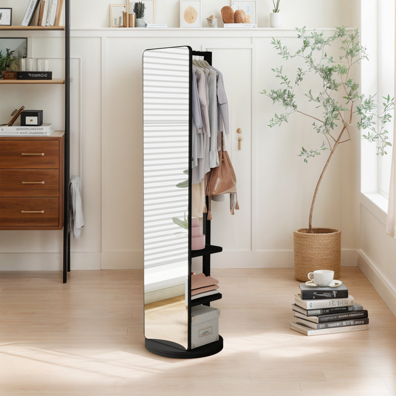 360° Swivel Full Length Mirror With Stand,Solid Wood Floor Mirror With Coat Rack, Black, 68.8" x 19.7"