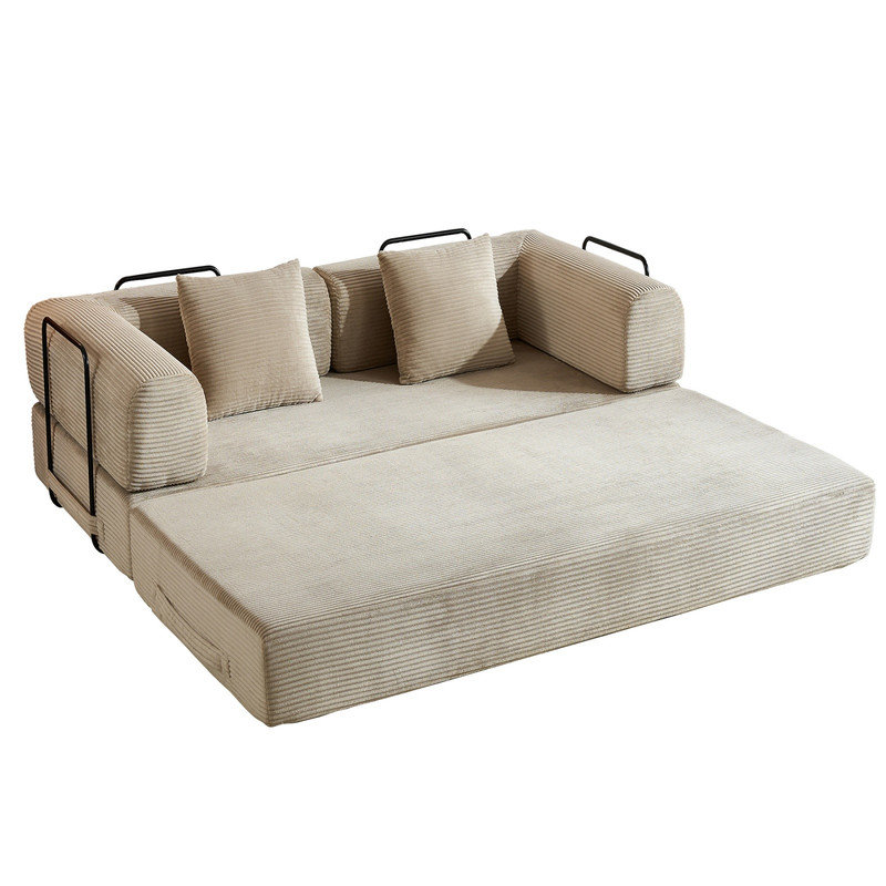 Canapé-lit convertible avec matelas pliant en velours côtelé et coussin cylindrique de forme fixe pour le salon, Beige
