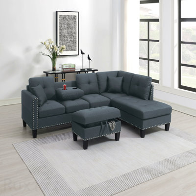 Living Room Furniture 3-Pcs Sectional Sofa Set Laf Sofa Raf Chaise And Storage Ottoman Cup Holder Charcoal Color Linen-Like Fabric Couch