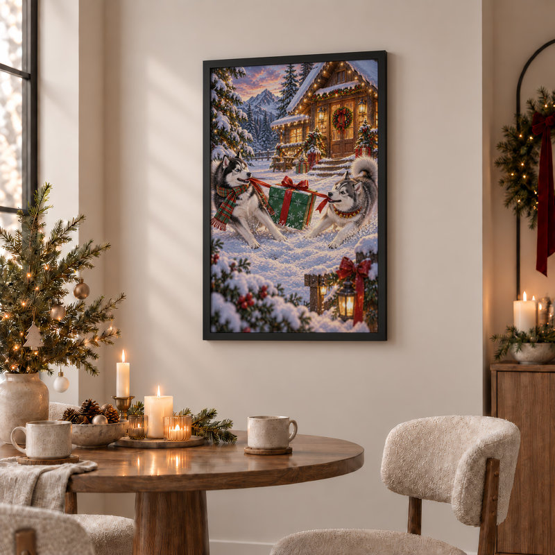 «Two Huskies Pulling Green Gift Box Near Lit Log», art mural sur toile, H 36 po x l 24 po