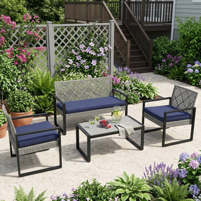 4-Person Patio Conversation Set with Water-Resistant Cushions Modern Rattan Outdoor Furniture Sets for Backyard Garden,Grey