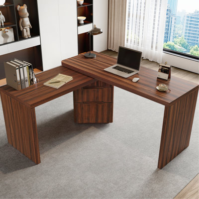 90" Office Desk In Walnut, L Shaped With 3 Drawers And 360 Wood Rotation, For Home Spot 90-inch Drawers, Rotating, For Workspace