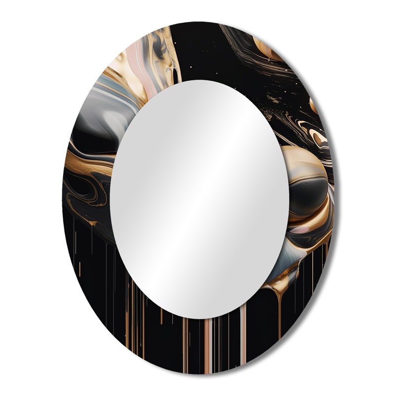 Gold And Black Marble Mirage V - Abstract Oval Decorative Mirror On Metal, 43" x 33"