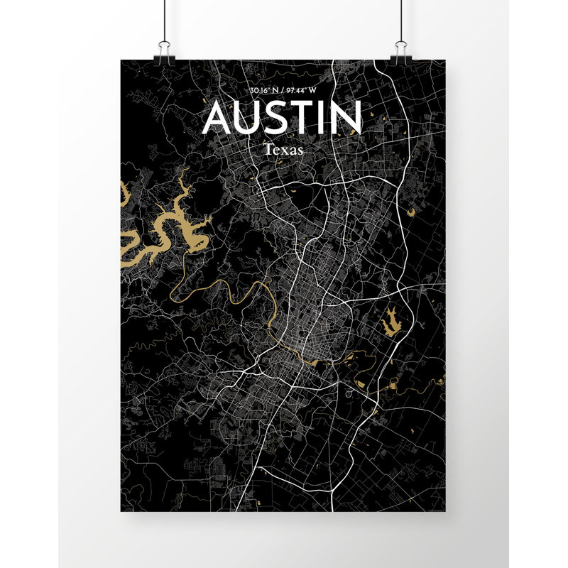 Carte de Austin City, impression d’art graphique en noir, H 17 po x l 11 po