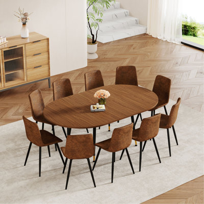 Walnut Oval Extendable Dining Table, MDF Top Modern Expandable Kitchen Table with Sturdy Metal Legs for Dining Room, Seats 6-10 People
