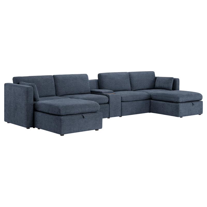 Winfree 6- Piece Upholstered Sectional With Console, Blue Polyester