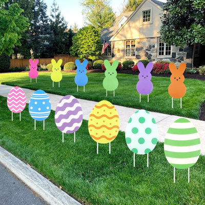 Panneaux de décorations de Pâques pour l'extérieur: 12 pièces, œufs de Pâques, piquets de lapin, œufs mignons et signes de lapin, résistants aux intempéries, décoration de jardin pour les enfants, maison de famille à l'extérieur, fête de Pâq