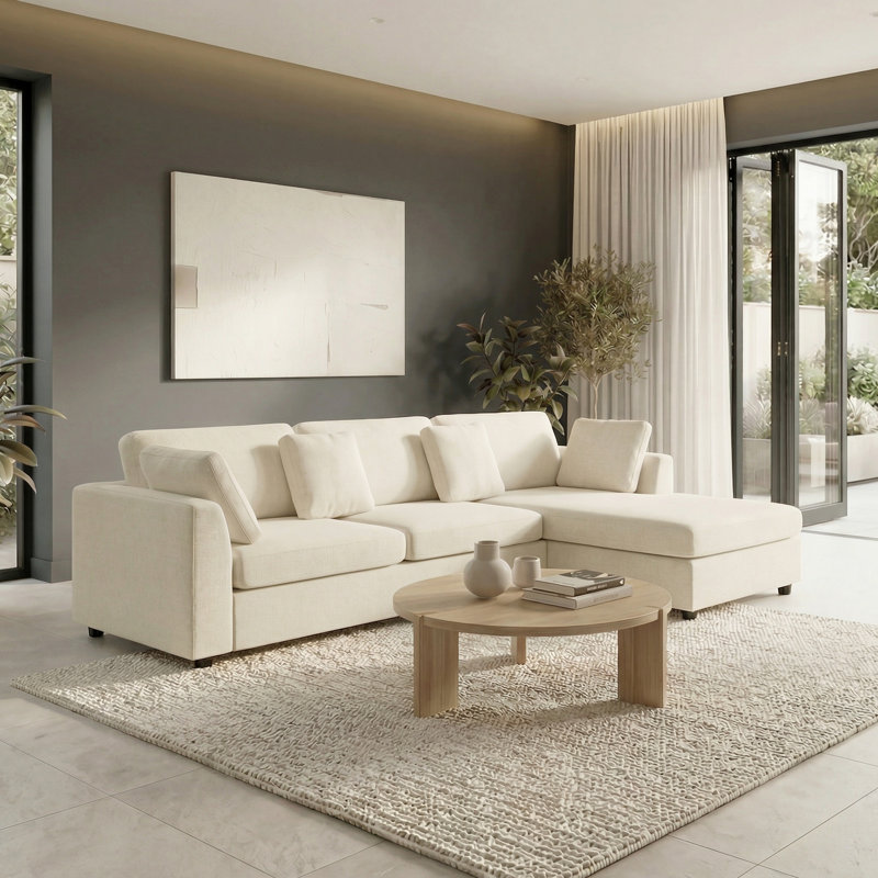 Canapé rembourré en L de 108,7 po avec méridienne convertible Wauseon, Mélange de polyester beige